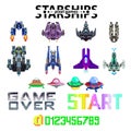 Arcade Retro video game, 8 bit, arcade warships, shooting, map background. Battles under the stars. Old computer games.